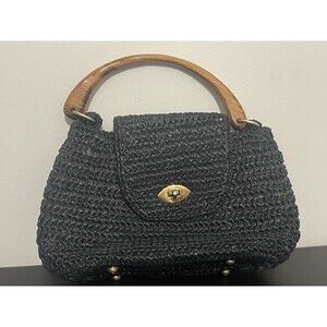 Vtg 50 60's Japan VELVET WOVEN Handbag Purse Wood Handle Satchel